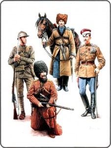 Стоят: воин Дикой дивизии с конем, латышский стрелок - с винтовкой, польский улан - с саблей. Сидит с винтовкой боец туркменского дивизиона